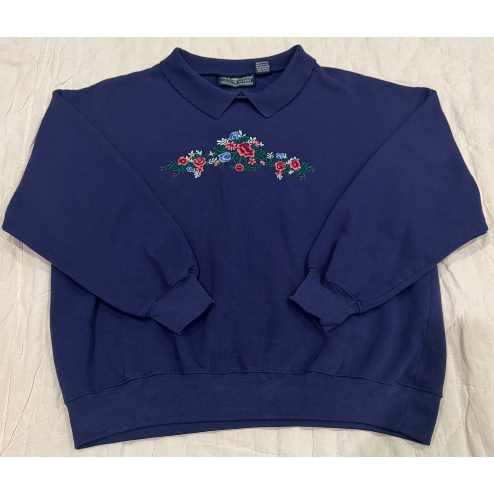 Sports Accent Navy Blue Floral‎ Embroidered Polo Collar Sweatshirt Womens Large